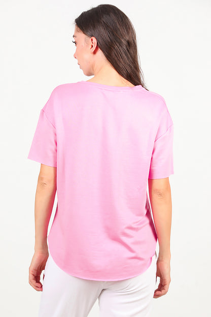 Kadın Eteği Oval V Yaka T-Shirt Pembe