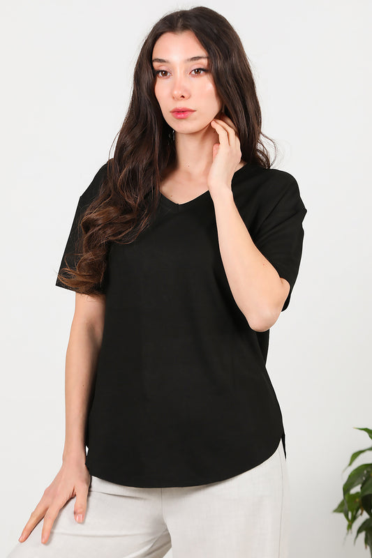 Kadın Eteği Oval V Yaka T-Shirt Siyah