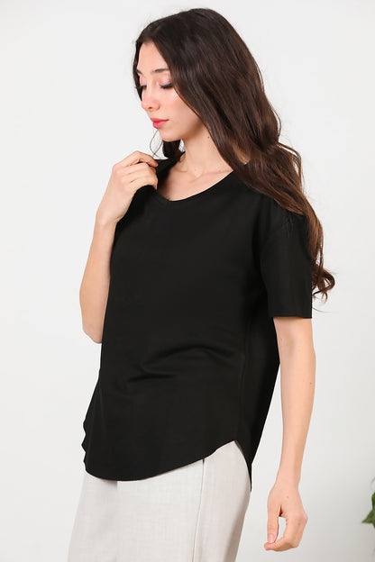Kadın Eteği Oval V Yaka T-Shirt Siyah