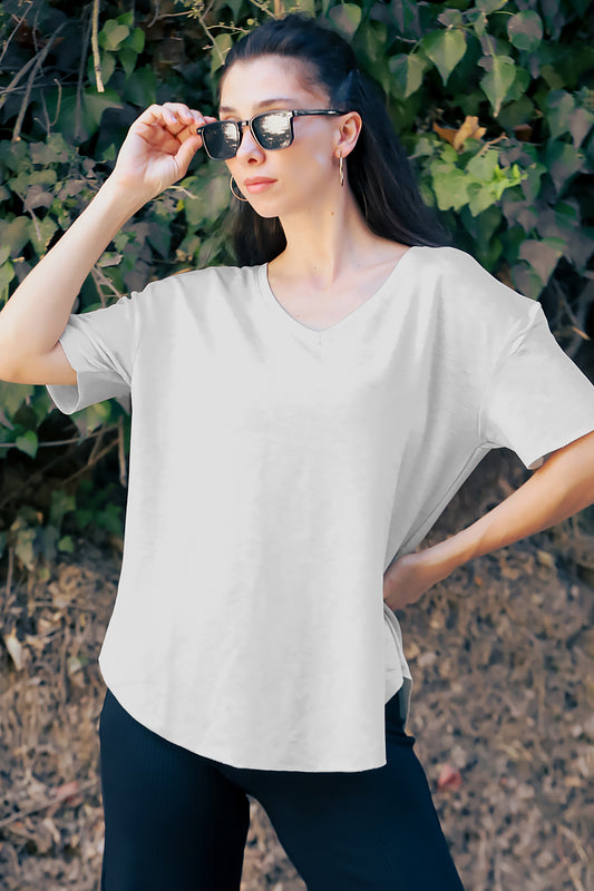 Kadın Eteği Oval V Yaka T-Shirt Taş