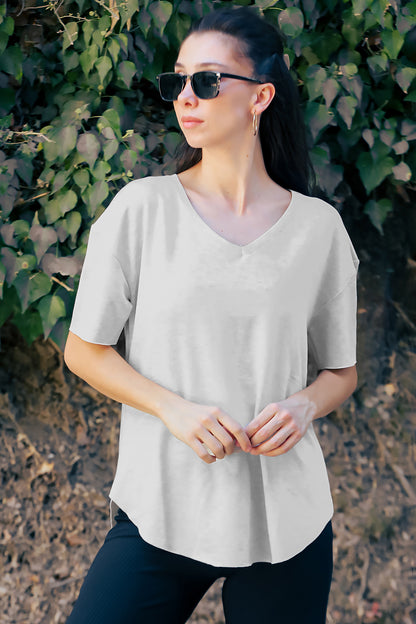 Kadın Eteği Oval V Yaka T-Shirt Taş