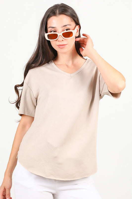 Kadın Eteği Oval V Yaka T-Shirt Vizon