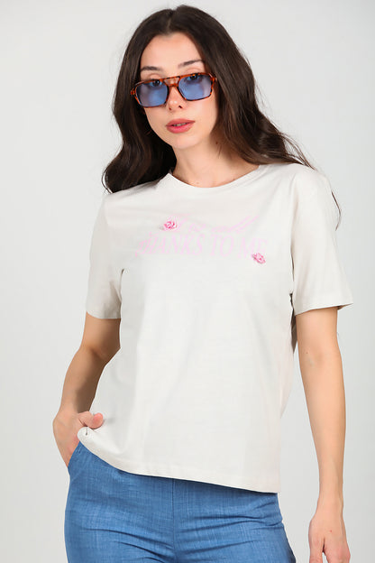 Kadın Bisiklet Yaka Baskılı T-Shirt Gri
