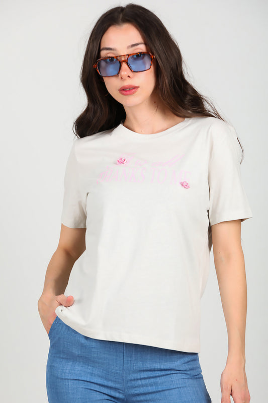 Kadın Bisiklet Yaka Baskılı T-Shirt Gri