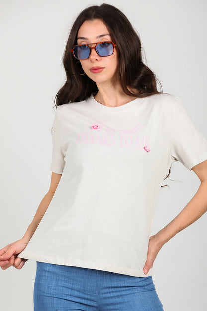 Kadın Bisiklet Yaka Baskılı T-Shirt Gri