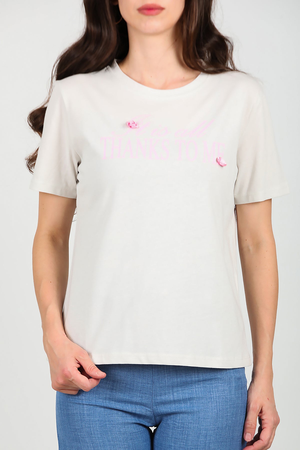 Kadın Bisiklet Yaka Baskılı T-Shirt Gri
