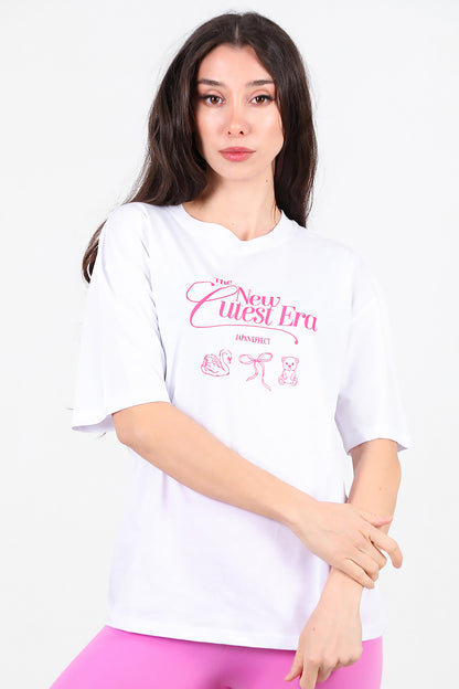 Kadın Ön-arka Baskılı T-Shirt Beyaz