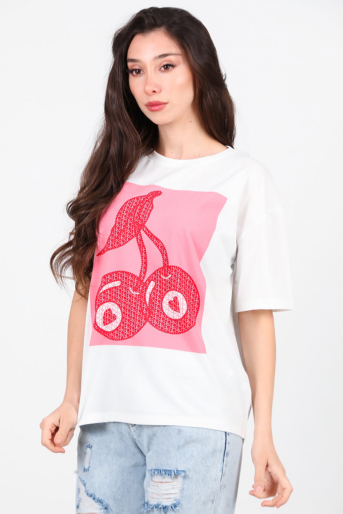 Kadın Baskılı Bisiklet Yaka T-shirt Ekru