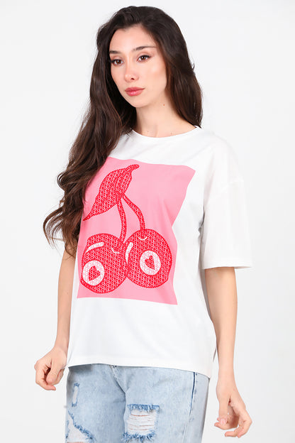 Kadın Baskılı Bisiklet Yaka T-shirt Ekru