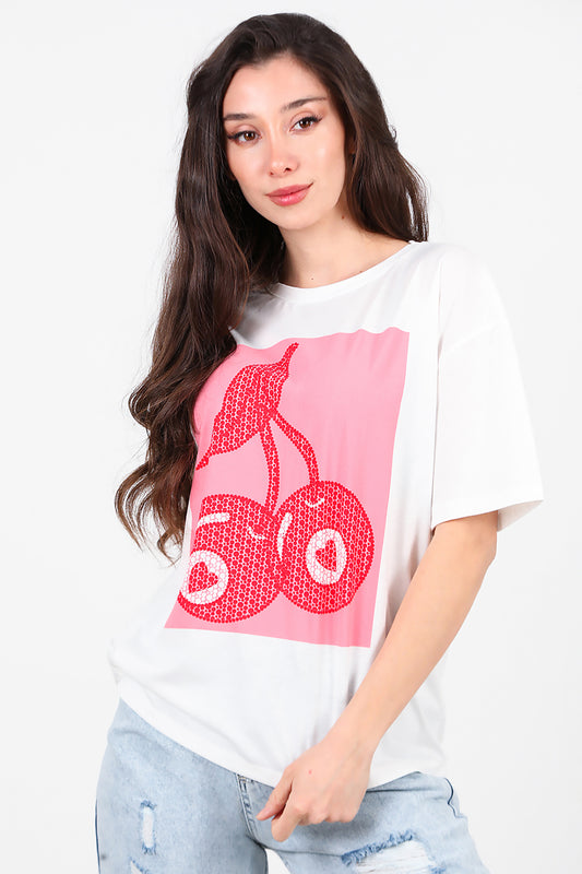 Kadın Baskılı Bisiklet Yaka T-shirt Ekru
