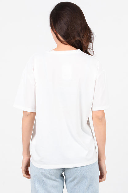 Kadın Baskılı Bisiklet Yaka T-shirt Ekru