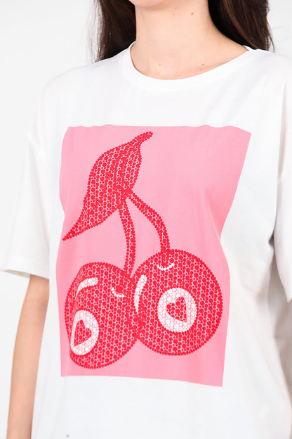 Kadın Baskılı Bisiklet Yaka T-shirt Ekru