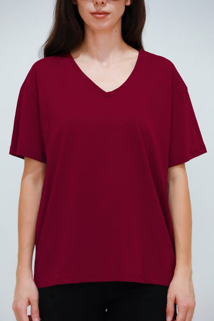 Kadın V Yaka Oversize T-Shirt Bordo