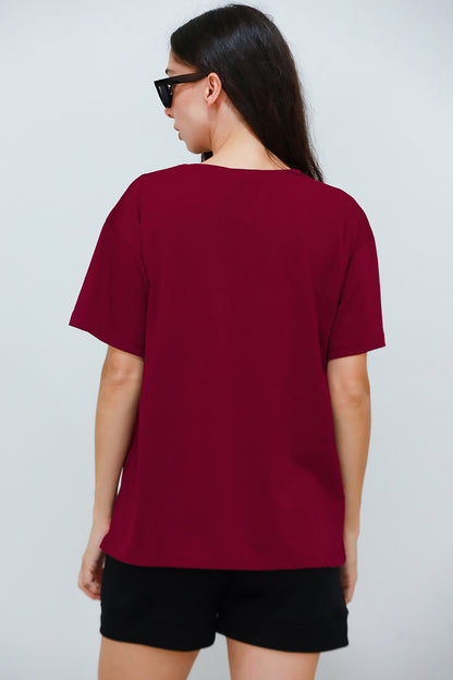 Kadın V Yaka Oversize T-Shirt Bordo
