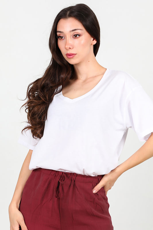 Kadın V Yaka Oversize T-Shirt Ekru