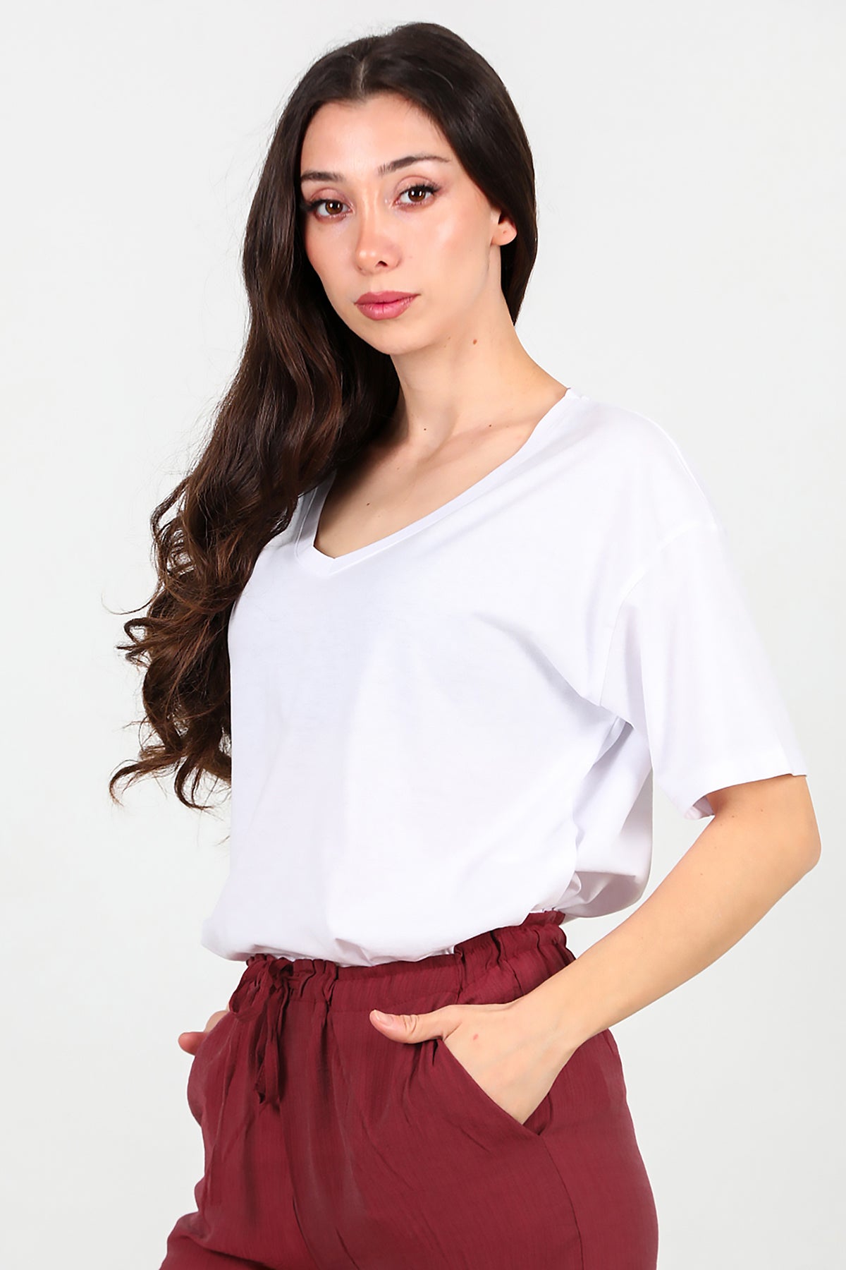 Kadın V Yaka Oversize T-Shirt Ekru