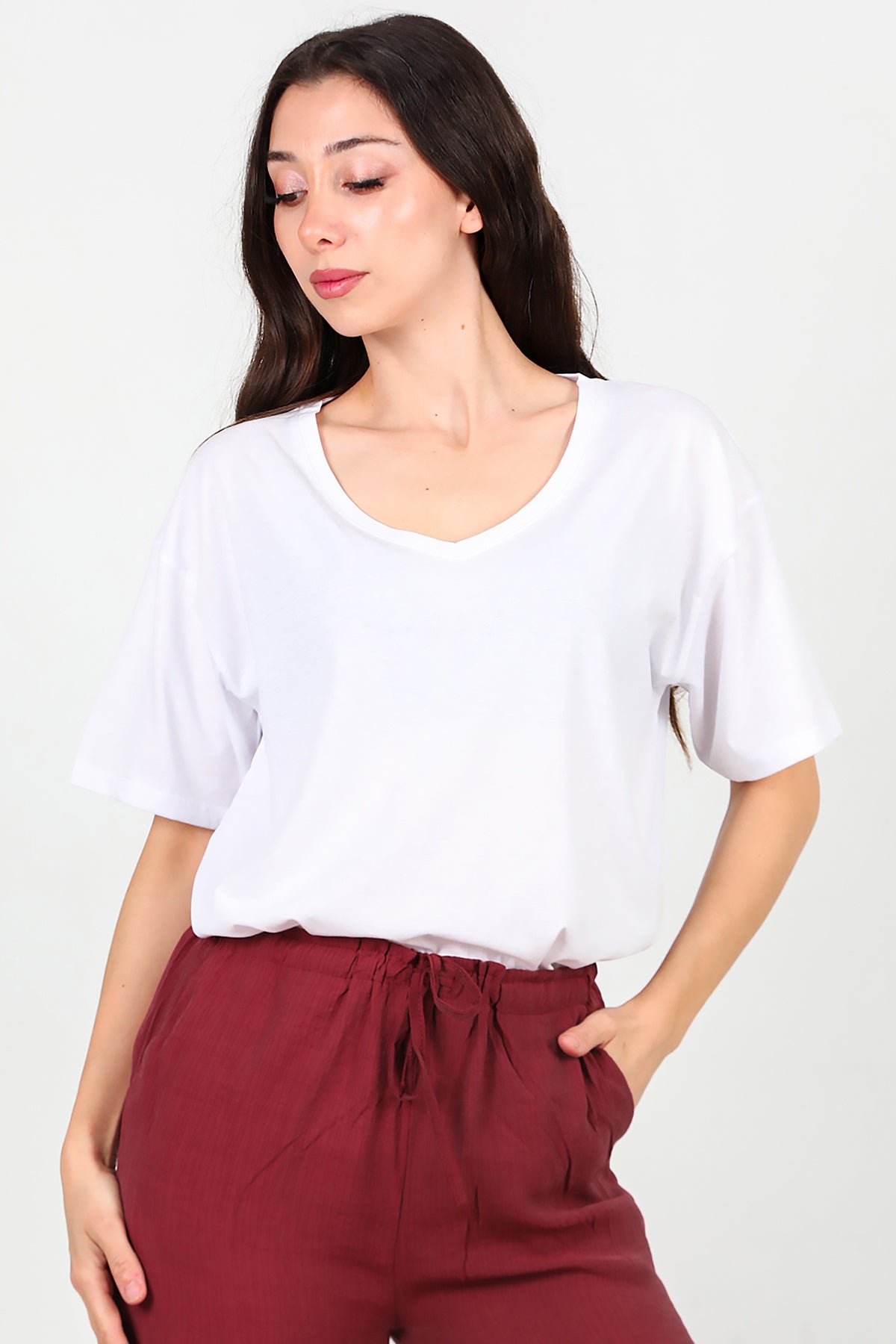 Kadın V Yaka Oversize T-Shirt Ekru