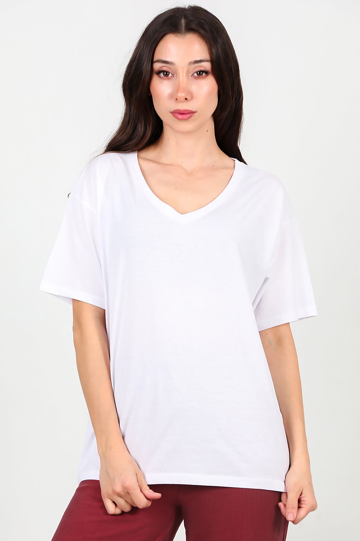 Kadın V Yaka Oversize T-Shirt Ekru