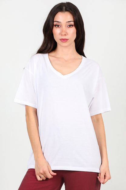 Kadın V Yaka Oversize T-Shirt Ekru