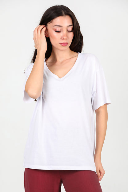 Kadın V Yaka Oversize T-Shirt Ekru