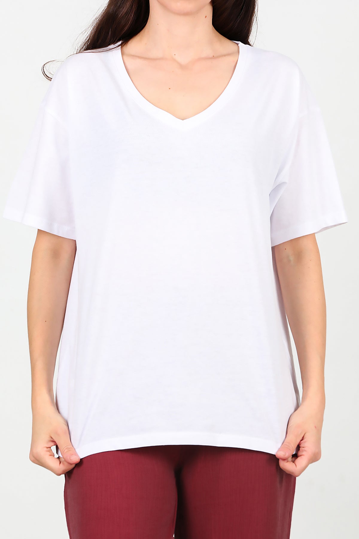 Kadın V Yaka Oversize T-Shirt Ekru