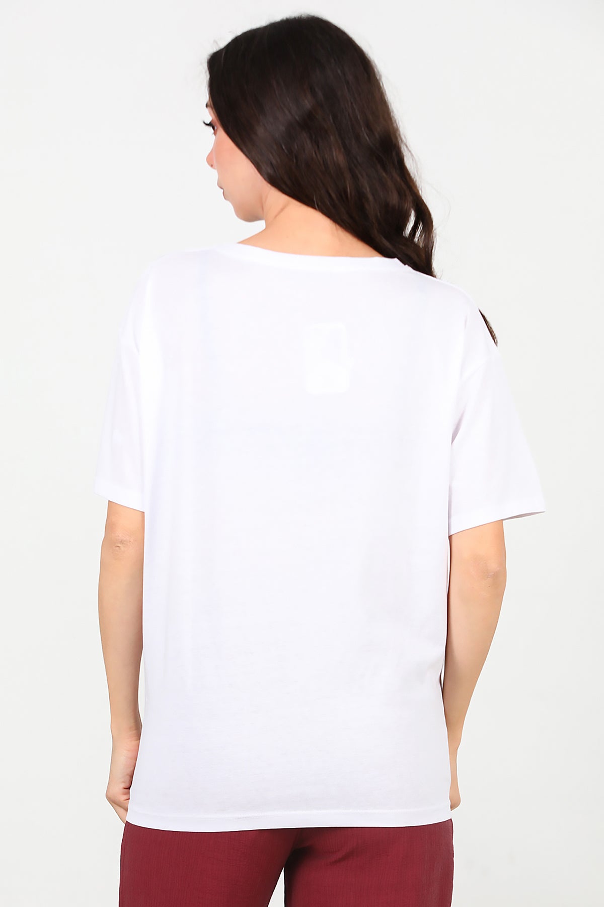 Kadın V Yaka Oversize T-Shirt Ekru