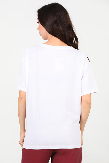 Kadın V Yaka Oversize T-Shirt Ekru