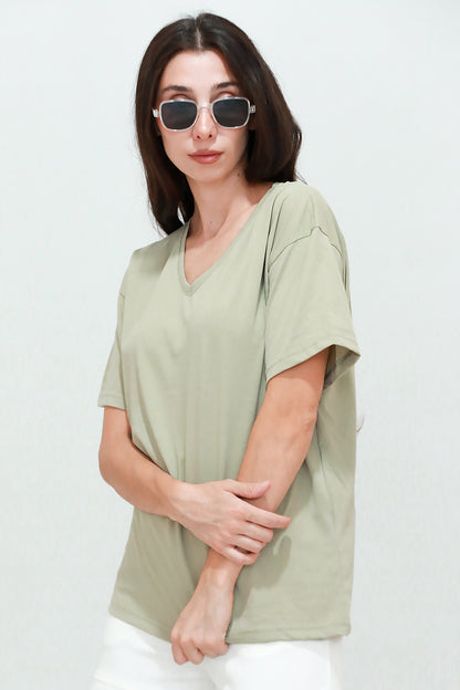 Kadın V Yaka Oversize T-Shirt Haki