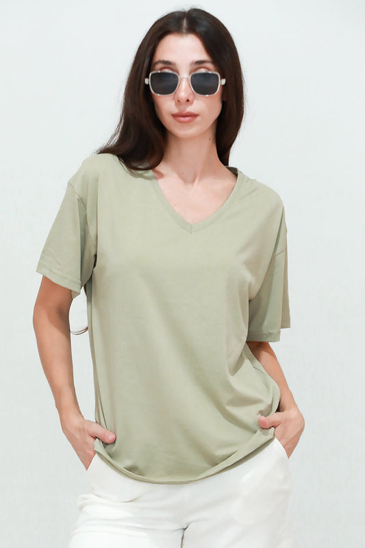 Kadın V Yaka Oversize T-Shirt Haki