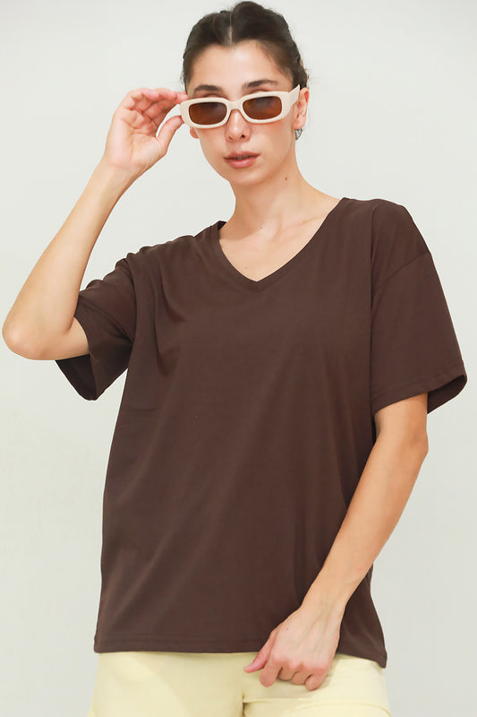 Kadın V Yaka Oversize T-Shirt Kahverengi