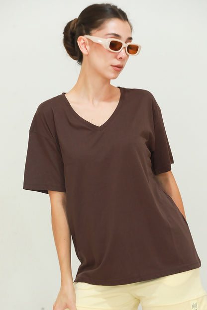 Kadın V Yaka Oversize T-Shirt Kahverengi