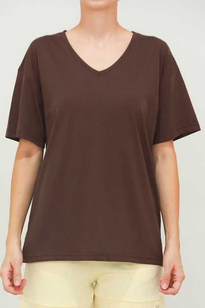Kadın V Yaka Oversize T-Shirt Kahverengi