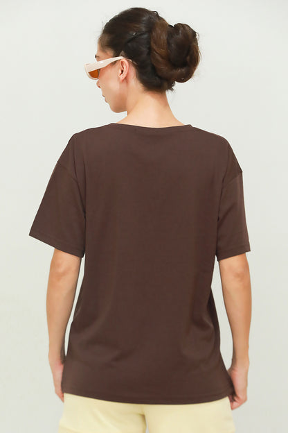 Kadın V Yaka Oversize T-Shirt Kahverengi