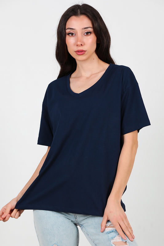 Kadın V Yaka Oversize T-Shirt Lacivert
