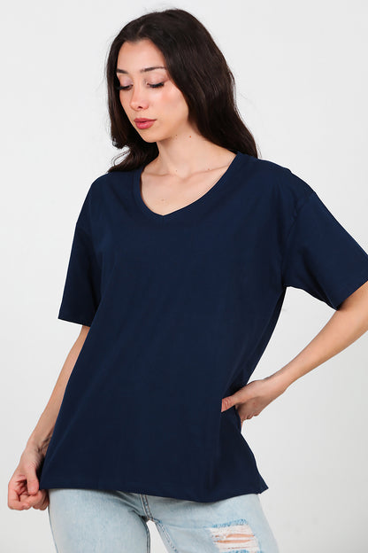 Kadın V Yaka Oversize T-Shirt Lacivert
