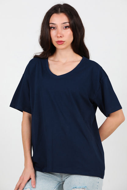 Kadın V Yaka Oversize T-Shirt Lacivert