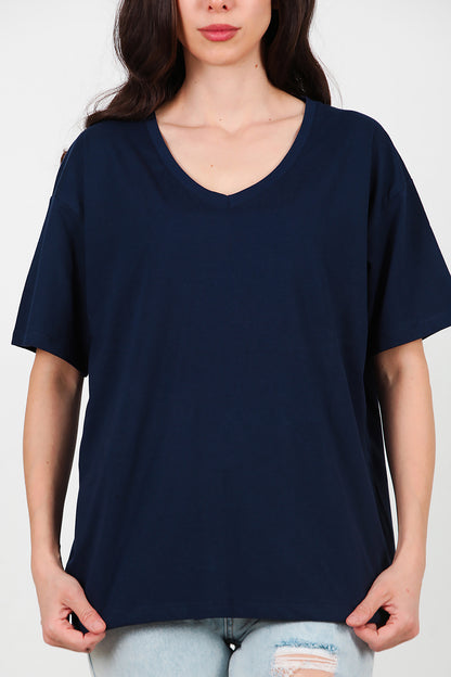 Kadın V Yaka Oversize T-Shirt Lacivert