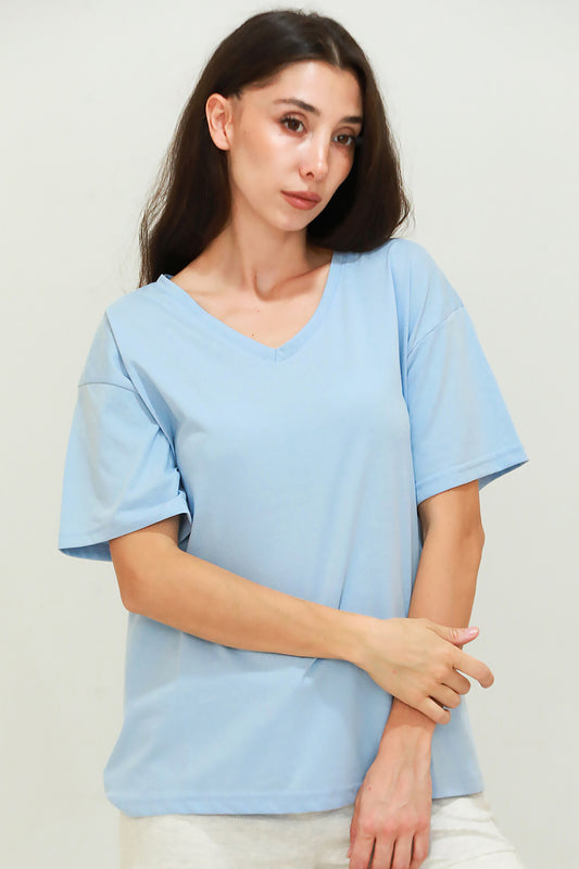 Kadın V Yaka Oversize T-Shirt Mavi
