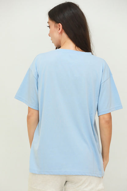 Kadın V Yaka Oversize T-Shirt Mavi