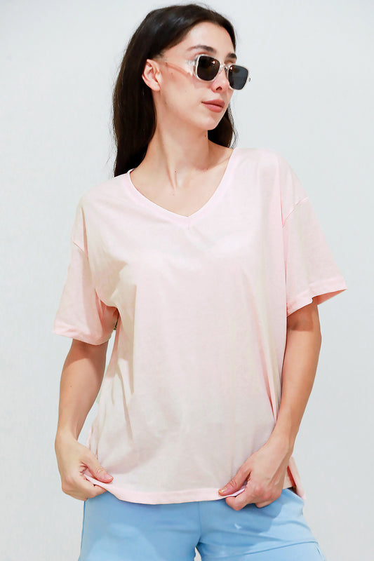 Kadın V Yaka Oversize T-Shirt Pudra