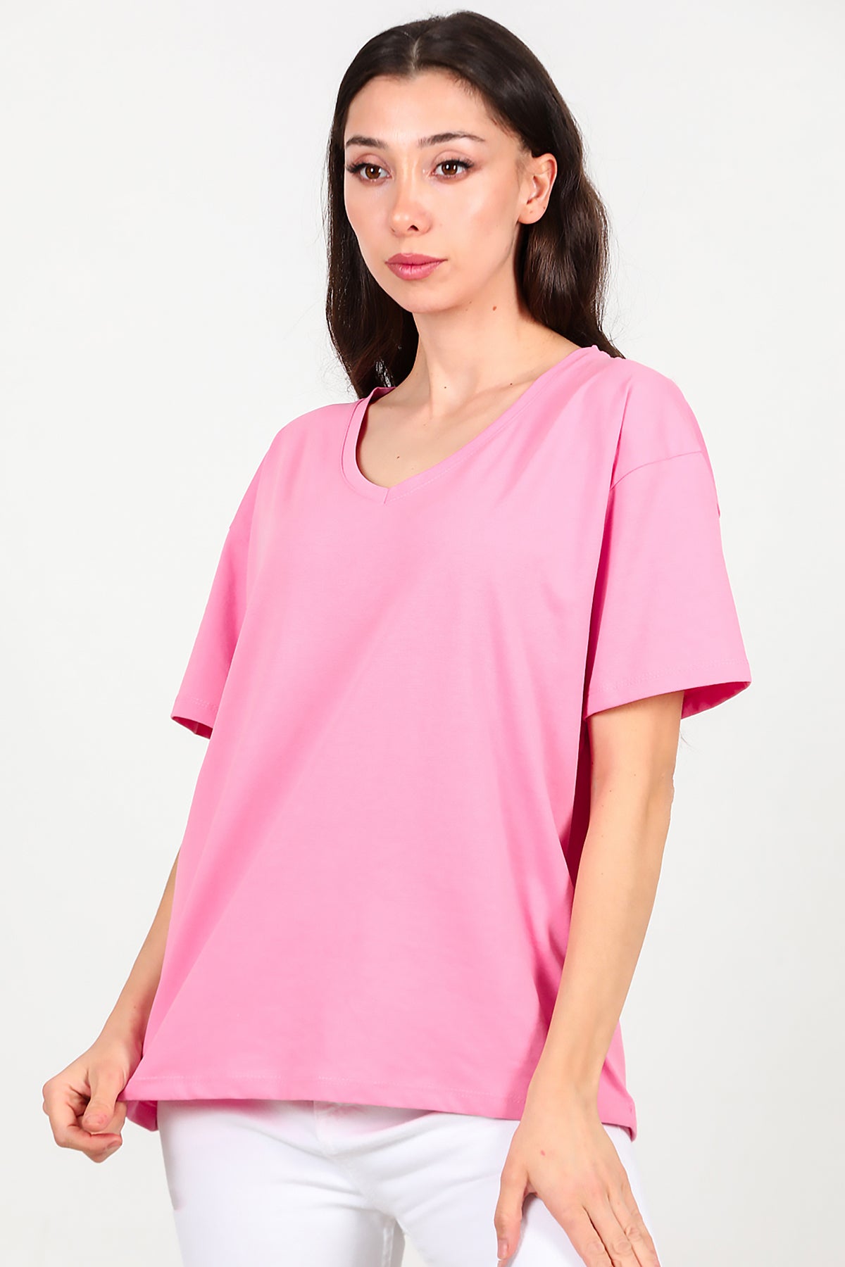 Kadın V Yaka Oversize T-Shirt Pembe