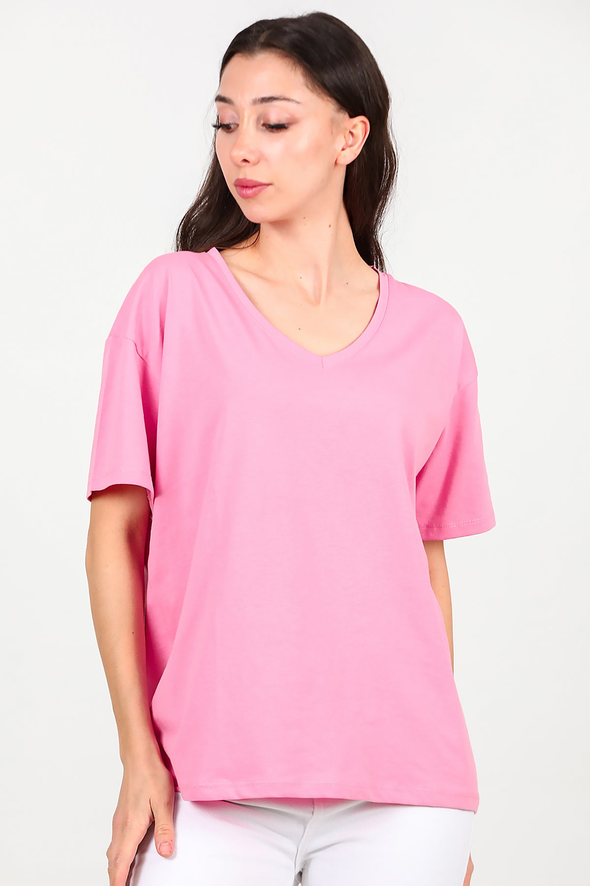 Kadın V Yaka Oversize T-Shirt Pembe