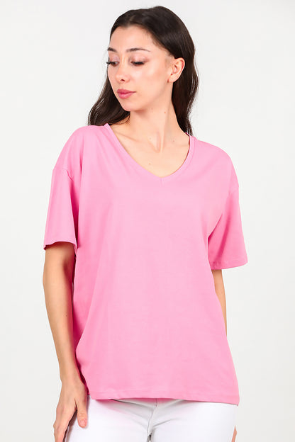 Kadın V Yaka Oversize T-Shirt Pembe