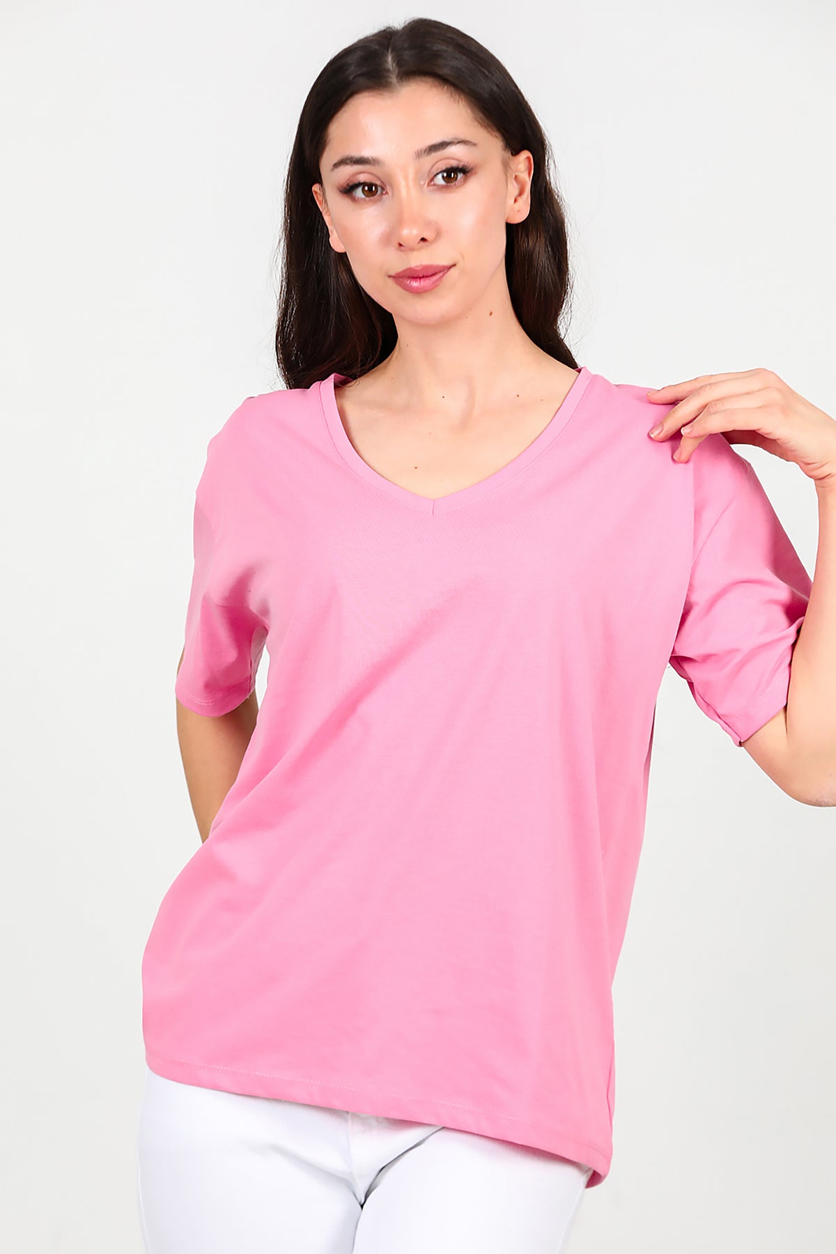 Kadın V Yaka Oversize T-Shirt Pembe
