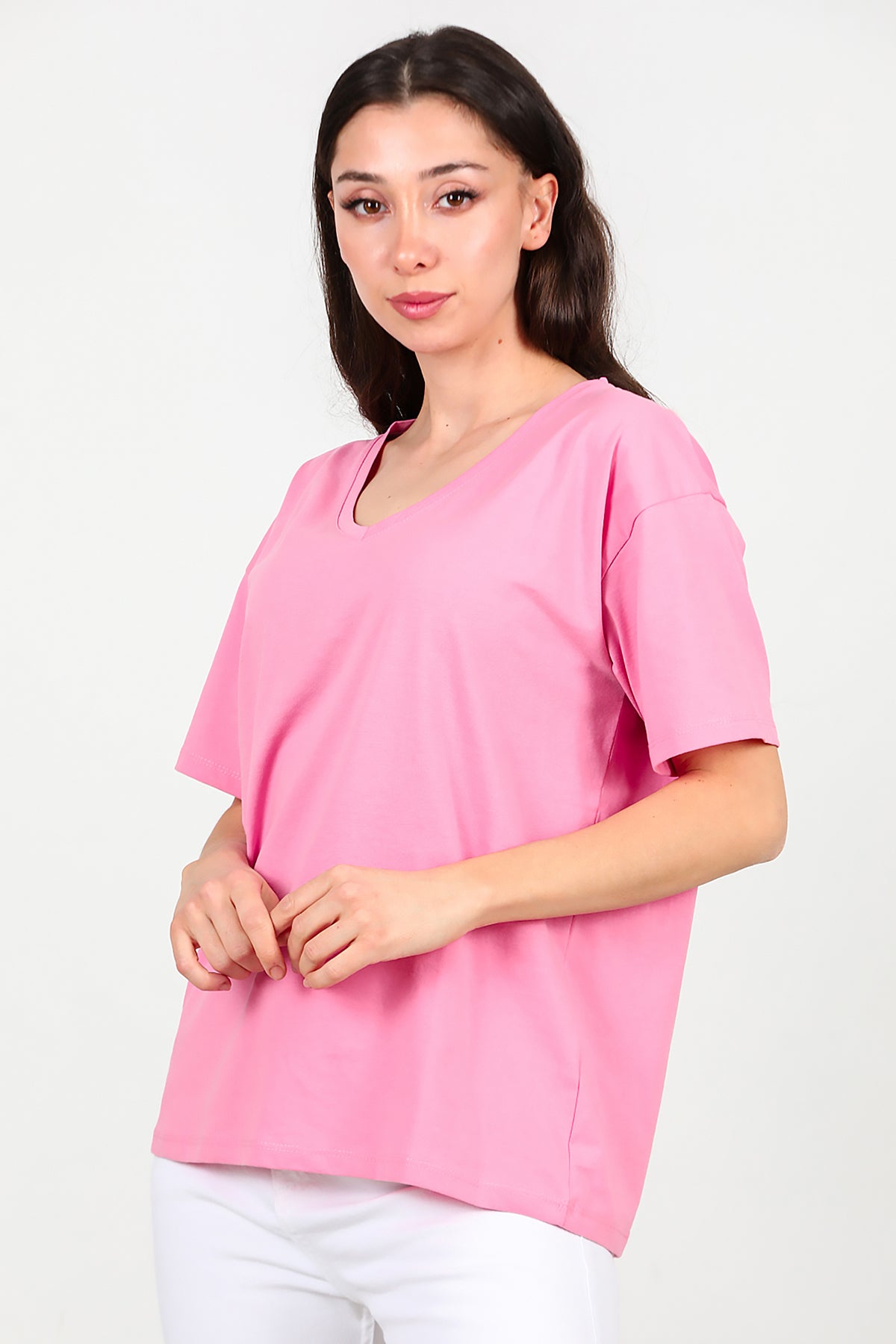 Kadın V Yaka Oversize T-Shirt Pembe