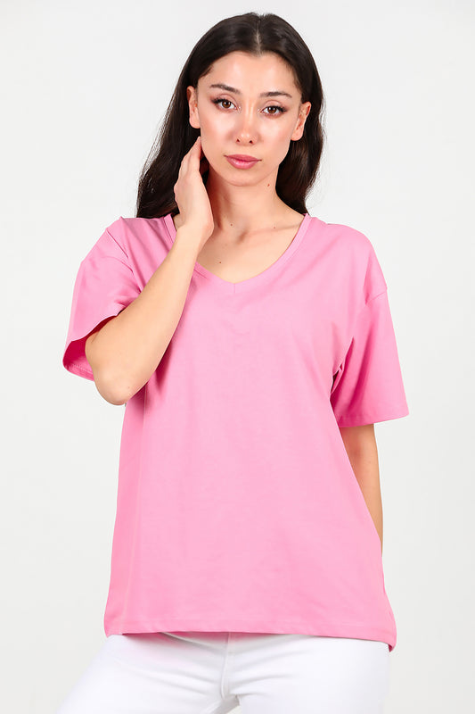 Kadın V Yaka Oversize T-Shirt Pembe