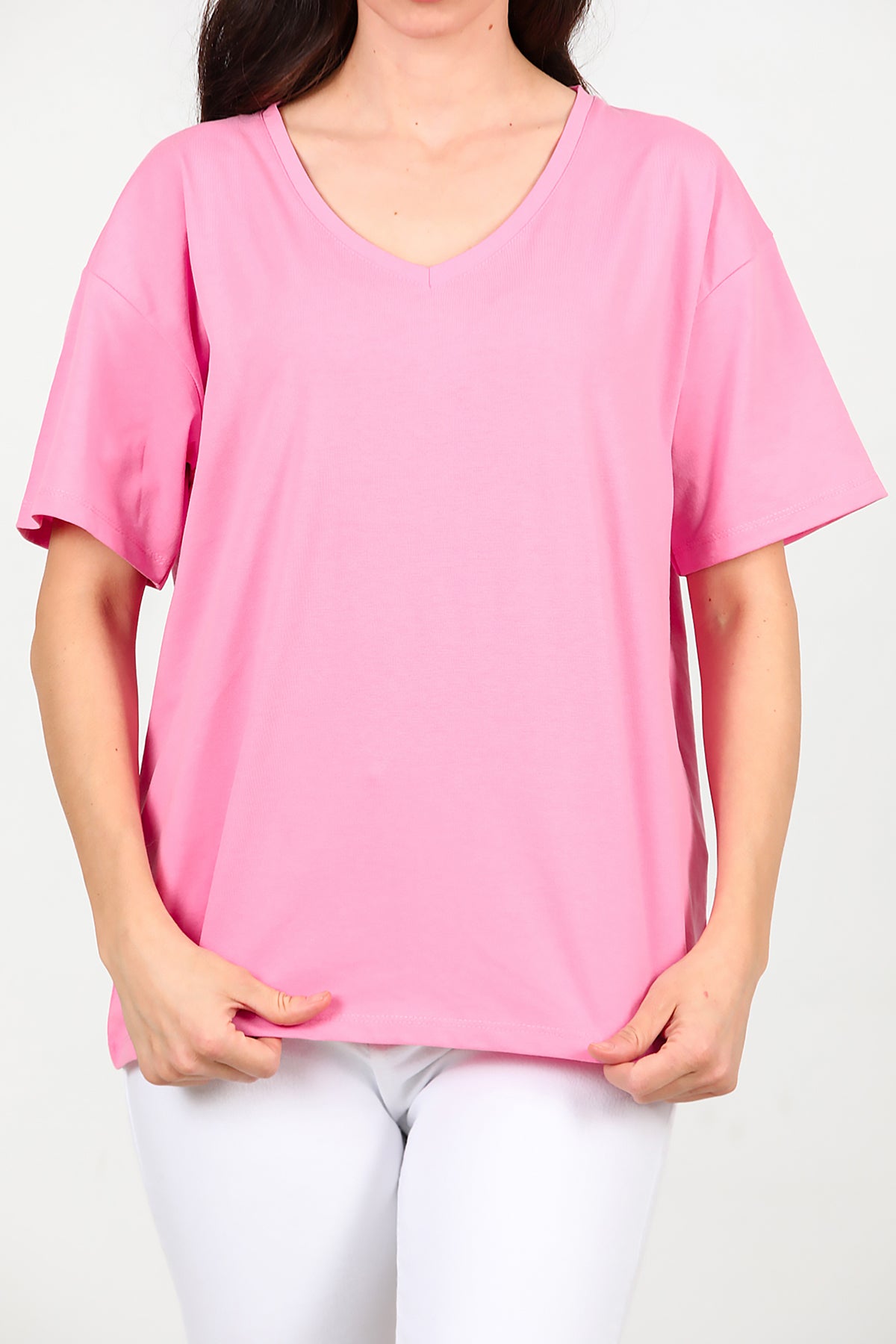 Kadın V Yaka Oversize T-Shirt Pembe