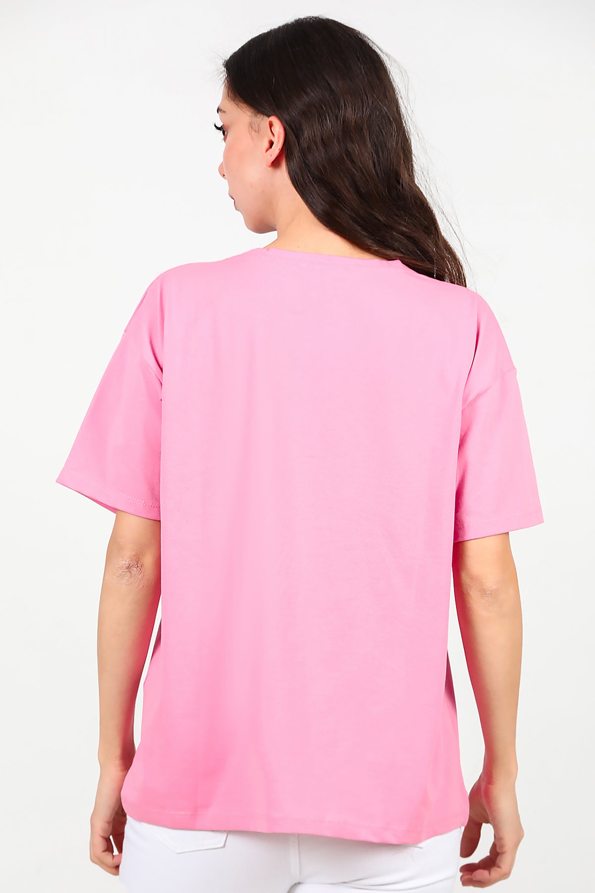 Kadın V Yaka Oversize T-Shirt Pembe
