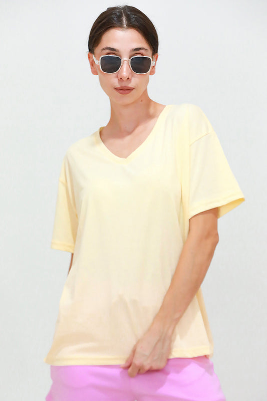 Kadın V Yaka Oversize T-Shirt Sarı