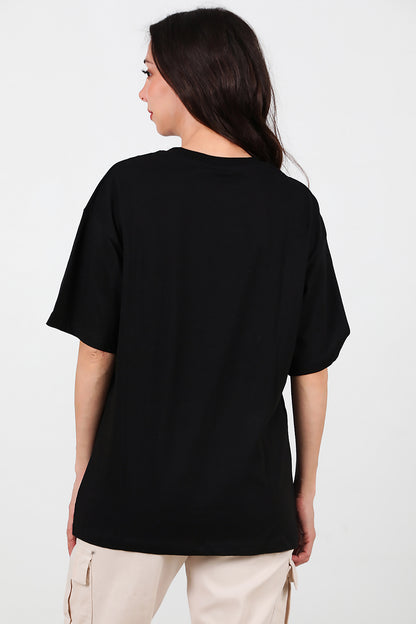 Kadın V Yaka Oversize T-Shirt Siyah